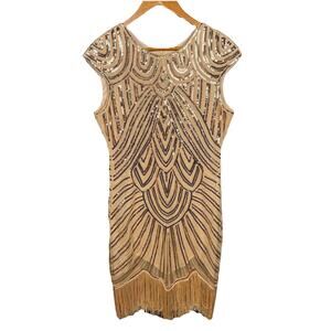 Women’s Dress L Gold‎ Beaded Flapper Fringe 20s Inspired Artsy Boho Gatsby Party